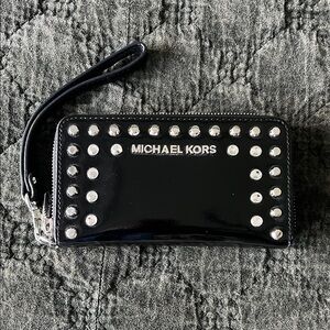 Michael Kors Black Patent Wristlet with Silver Accents